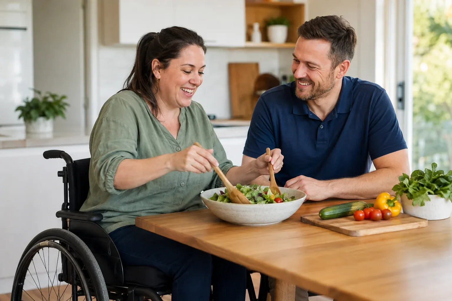 A wheelchair user preparing a salad with a support worker in a bright home kitchen