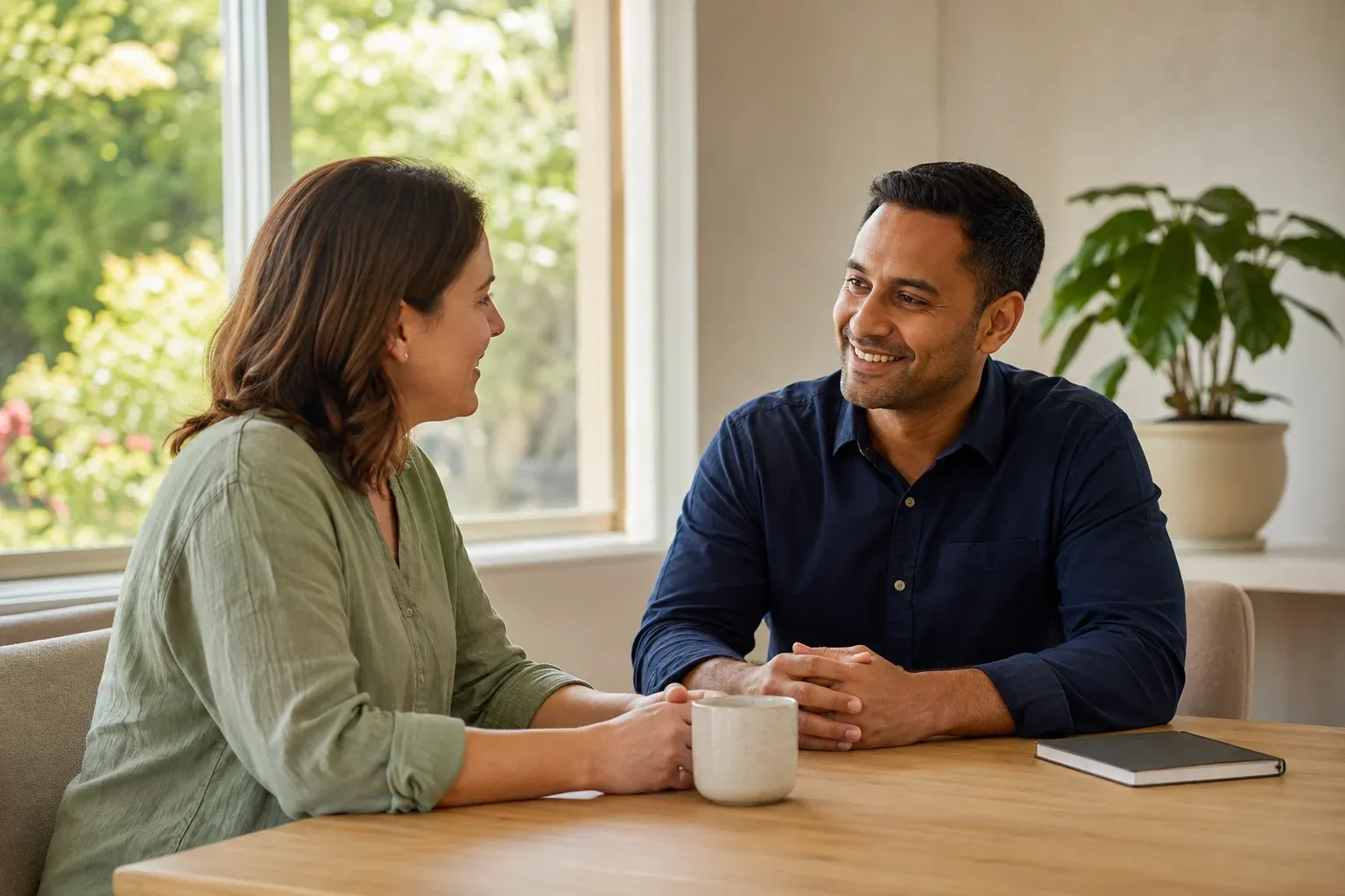 A woman and a support coordinator chatting at a table beside a sunlit window